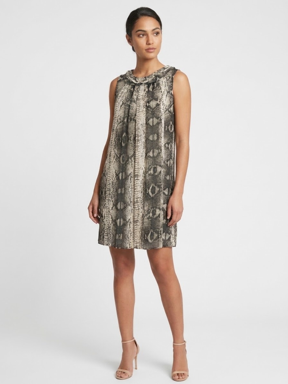Sleeveless Snake-Print Shift Dress in Neutral Tones